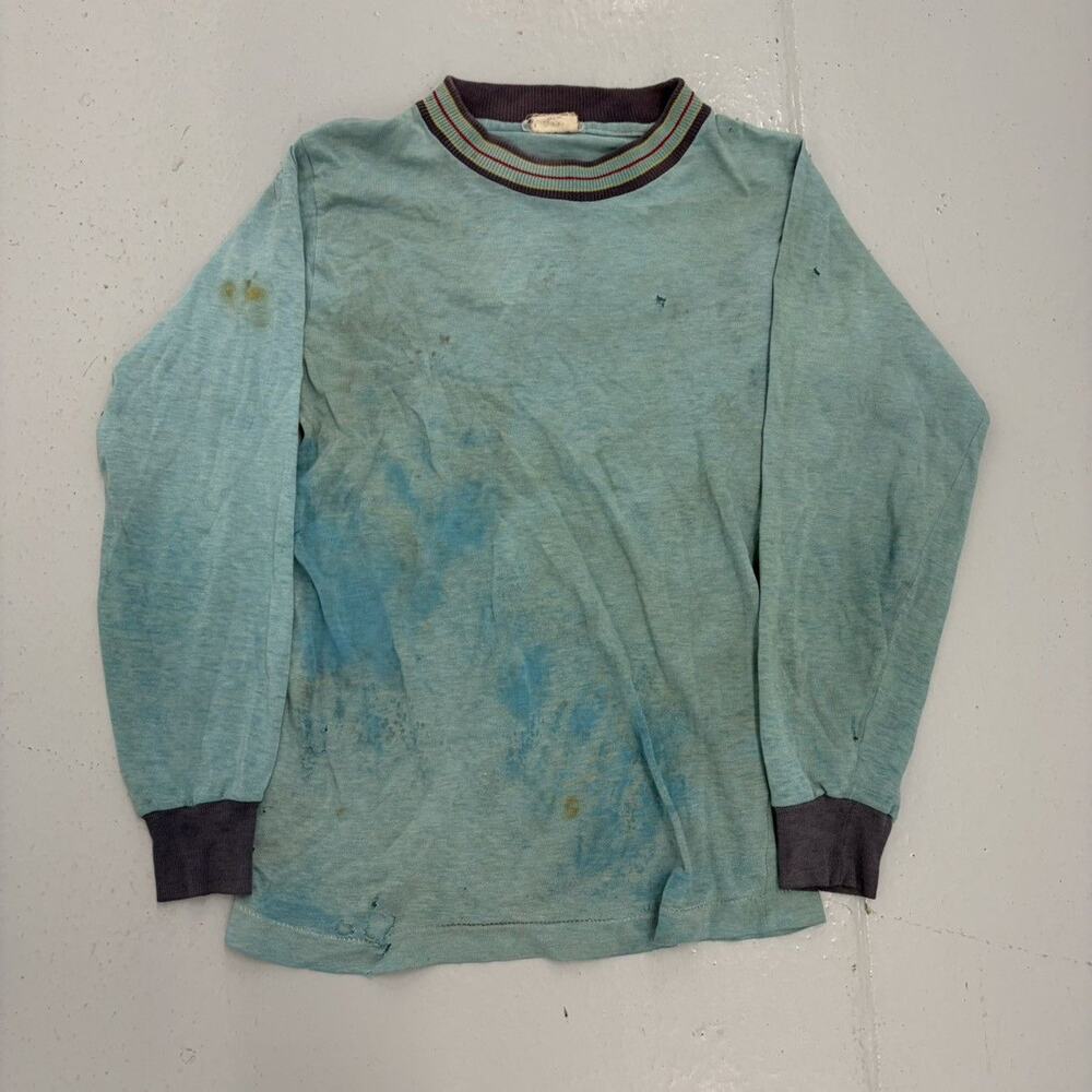 Vintage 60s Par Knit Blue Blank Long Sleeve Baby Tee